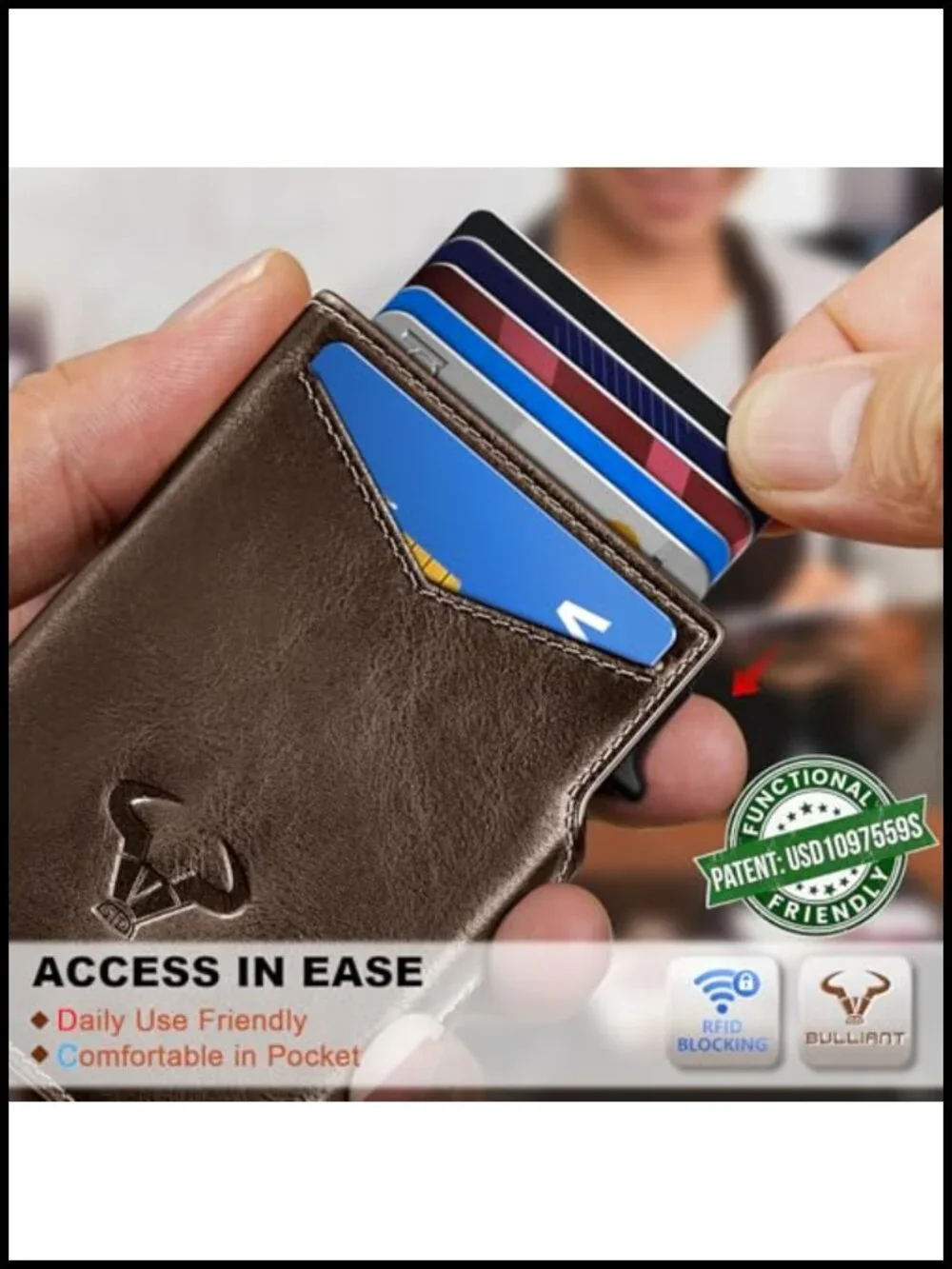 Men's Slim Leather Wallet with RFID Blocking & Money Clip, Pop-up Access